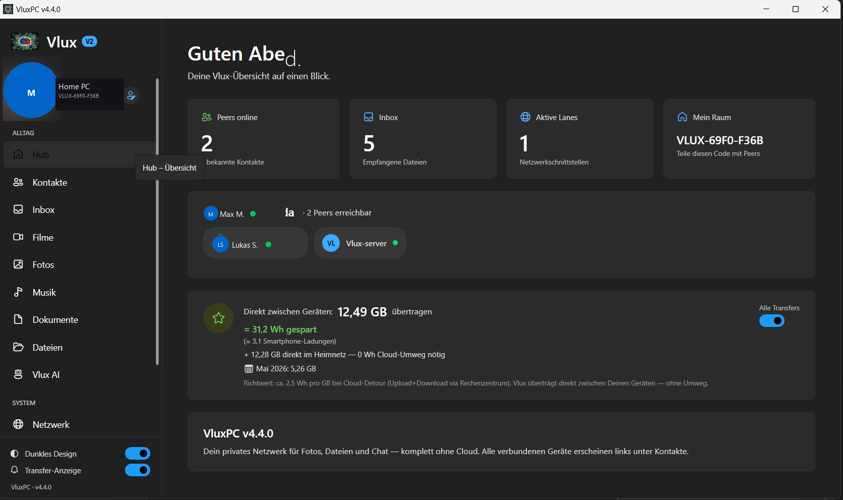 VluxPC Hub — Dashboard mit Geräte-Übersicht und Schnellzugriff