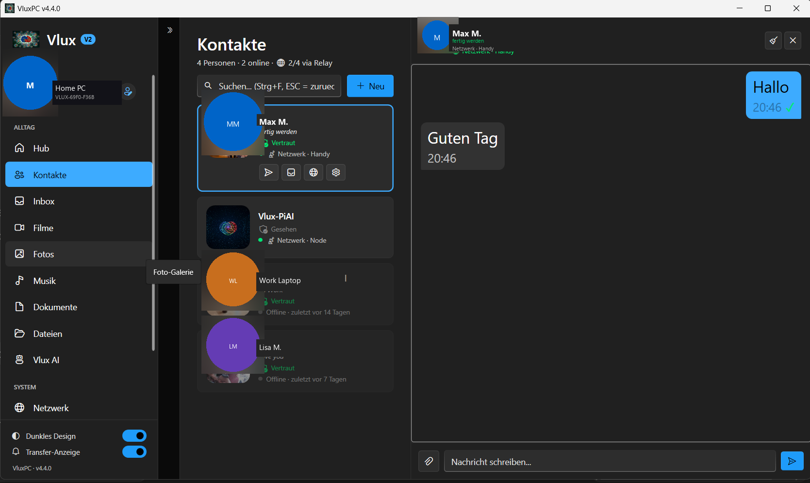 VluxPC Kontakte — Geräte-Verwaltung mit Status und Aktionen